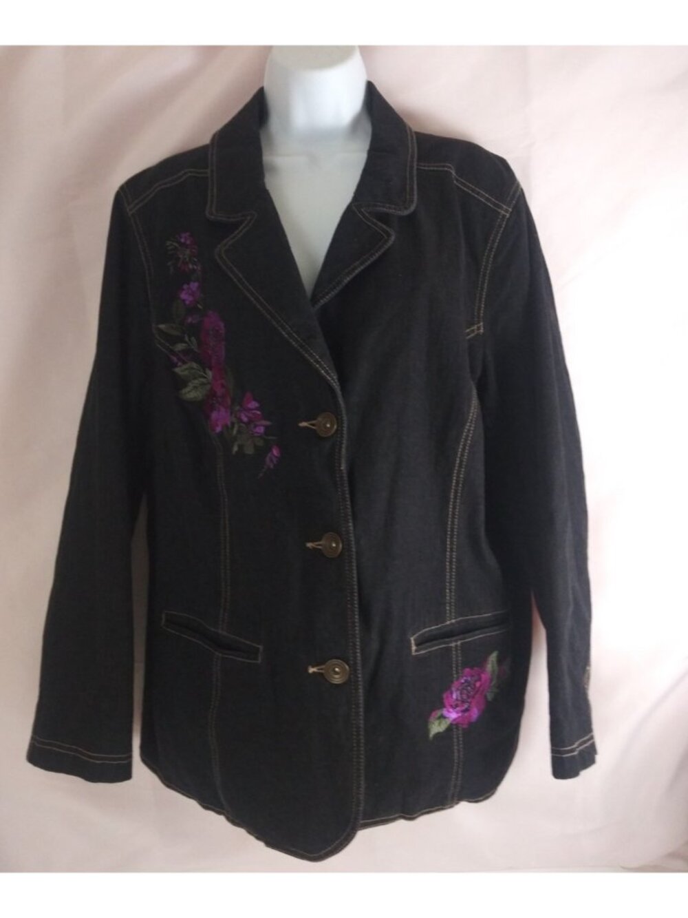 Denim & Co Black Embroidered Floral Denim Jean Jacket Blazer Plus Size 1X